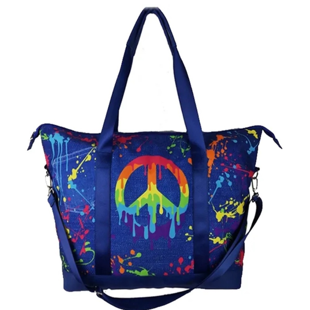 Top TRENZ weekender large overnite kids bag blue rainbow splash Peace Sign ☮️ 🌈